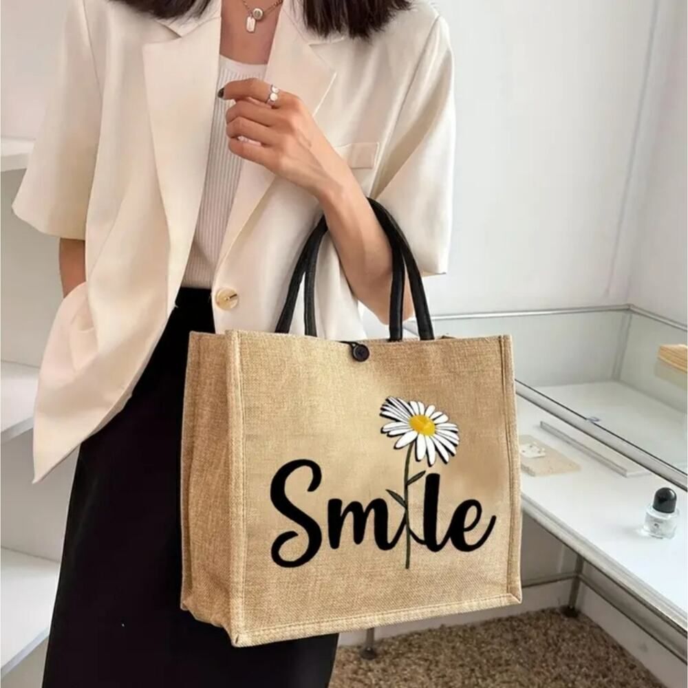 Trendy Tote Bag Smile Print Large Capacity Fashion Shoulder Bag Jute Fabric